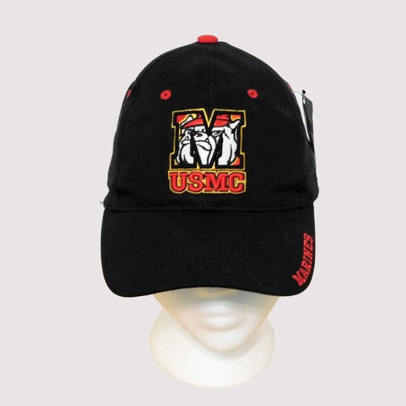 USMC Marine Corps Annapolis Bulldog Ball Cap Black Red Embroidered Hat Adj Strap - Picture 1 of 8